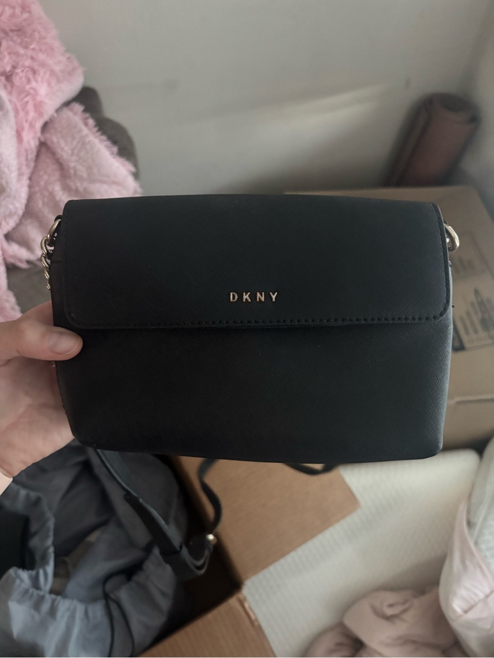 DKNY Black Crossbody with Gold Logo and Chain Accents